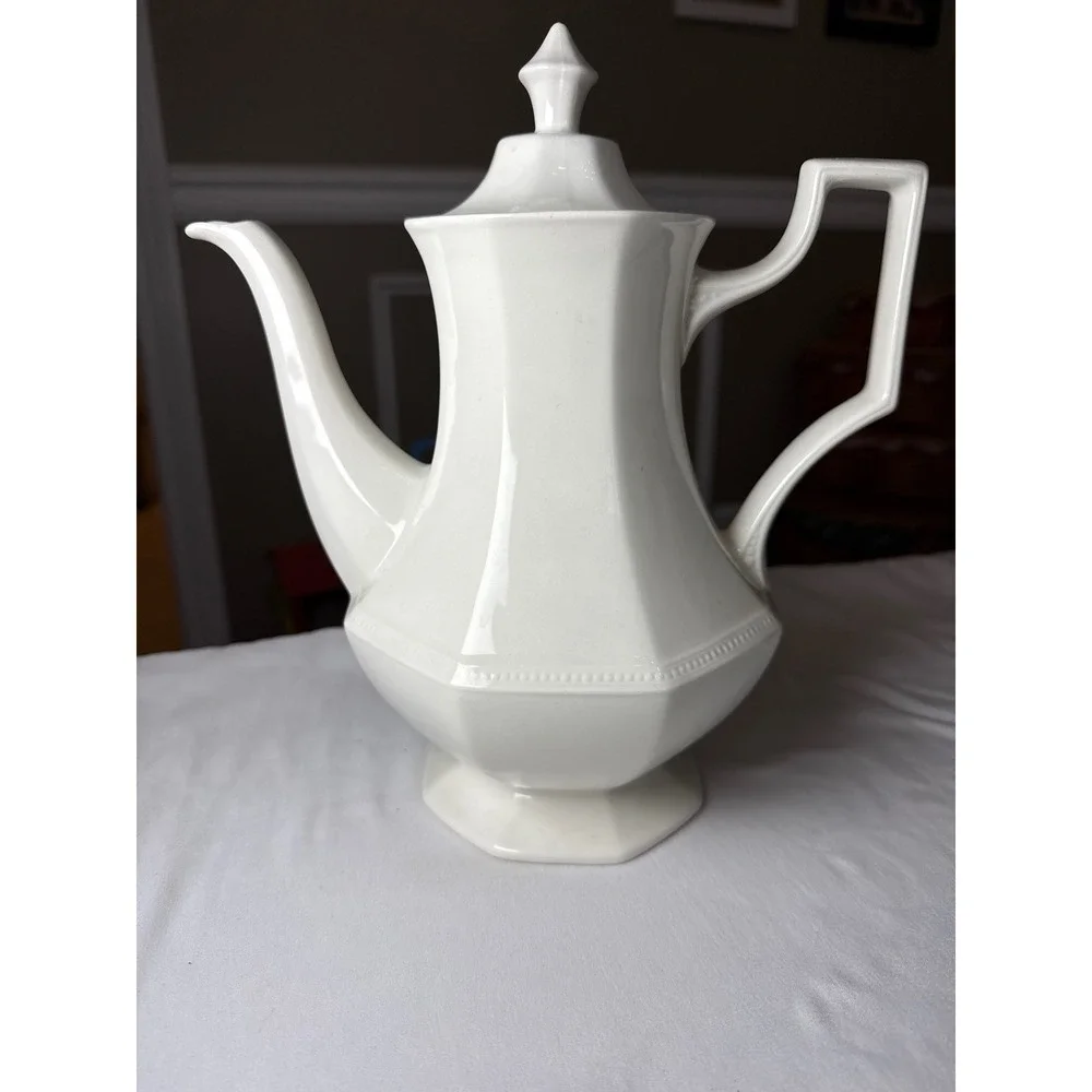 Vintage White Octagonal Ceramic Coffee Pot with Lid Beaded Trim 9.5 Inch